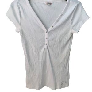 Guess Ribbed  V Neck T Shirt with Rhinestone Buttons M